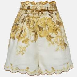 Zimmermann Yellow Floral Print Linen Aliane Scallop Shorts M