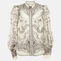 Zimmermann Off-Linen Printed Linen and Silk Button Front Blouse XL