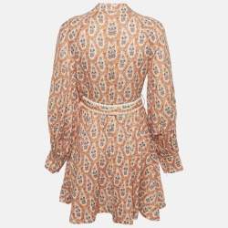 Zimmermann Orange Floral Print Linen Belted Mini Dress M