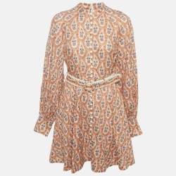 Zimmermann Orange Floral Print Linen Belted Mini Dress M