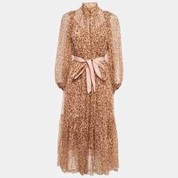 Zimmermann Brown Animal Printed Silk Belted Tempa Midi Dress S