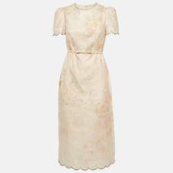 Zimmermann Pink Rose Print Linen Crystal Embellished Midi Dress XS