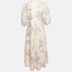 Pre Owned Zimmermann Cream/Purple Floral Print Linen Puff Sleeve Midi Dress L