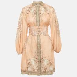 Zimmermann Light Orange Printed Button Front Belted Mini Dress S