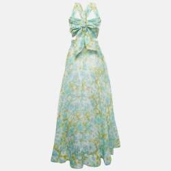 Pre Owned Zimmerman Green Ikat Print Silk Blend High Tied Top & Skirt Set M