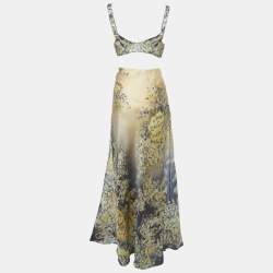 Pre Owned Zimmermann Blue Floral Print Silk Tama Bralette and Maxi Skirt Set M 