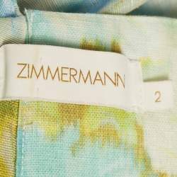 Pre Owned Zimmermann Green Abstract Print Linen Blend High-Tide Crop Top M