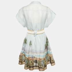 مملوكة مسبقًا Zimmermann Blue Printed Silk and Linen Button Front Belted Mini Dress S