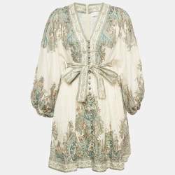 Pre Owned Zimmermann White Printed Linen Belted Mini Dress M