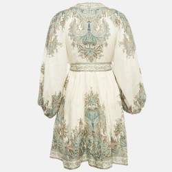 Pre Owned Zimmermann White Printed Linen Belted Mini Dress M