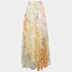 Pre Owned Zimmermann Multicolor Floral Print Cotton Blend Belted Maxi Skirt L