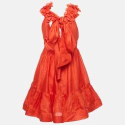 Pre Owned فسـتان زيمرمان أحمر من الكتان والحرير بفتحة عنق عميقة مزين بأكاليل قصيرة مقاس وسط (ميديوم)