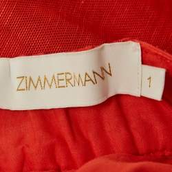 Pre Owned فسـتان زيمرمان أحمر من الكتان والحرير بفتحة عنق عميقة مزين بأكاليل قصيرة مقاس وسط (ميديوم)