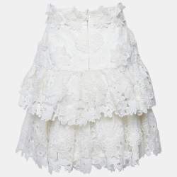Pre Owned Zimmermann White Floral Applique Linen Tiered Mini Skirt S