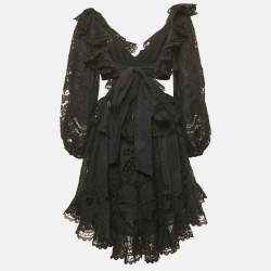 Pre Owned Zimmermann Black Broderie Anglaise Cut-Out Tie-Up Detail Mini Dress S
