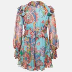 Pre Owned Zimmermann Blue Printed Silk Ruffled Playsuit M