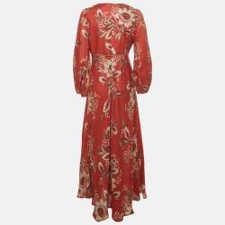 Pre Owned Zimmermann Dark Red Printed Linen Long Sleeve Maxi Dress M