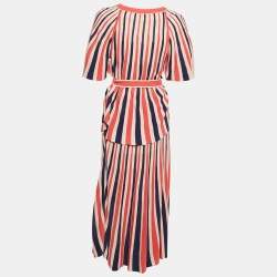 Pre Owned Zimmermann Multicolor Striped Knit Belted Top & Midi Skirt L