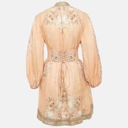 Pre Owned Zimmermann Orange Printed Linen Corset Belt Mini Dress M
