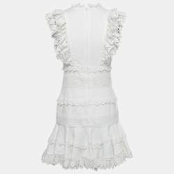 مملوكة مسبقًا Zimmermann White Linen Lace Trim Detail Ruffled Mini Dress M