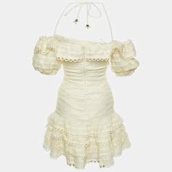 Pre Owned Zimmermann White Linen Off Shoulder Mini Dress S