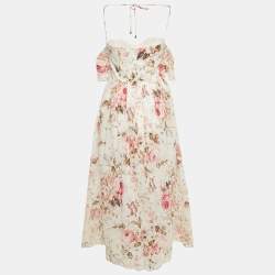 Pre Owned Zimmermann White Floral Print Cotton Cut Out Midi Dress M