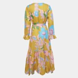 Pre Owned Zimmermann Yellow Printed Linen Teddy Gathered Midi Dress L