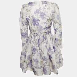 Pre Owned Zimmermann Purple Floral Print Linen and Silk Draped Mini Dress M