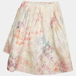 Pre Owned Zimmermann Cream/Multicolor Logo Print Linen and Silk Flared Mini Skirt M
