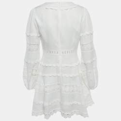 مملوكة مسبقًا Zimmermann White Linen Lace Trimmed Castile Plunge Neck Mini Dress M