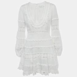 Pre Owned Zimmermann White Linen Lace Trimmed Castile Plunge Neck Mini Dress M