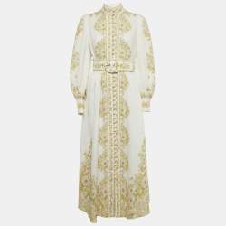 Pre Owned Zimmermann White Floral Print Linen Belted Maxi Dress M
