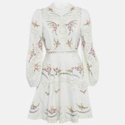 Pre Owned Zimmermann White Embroidered Lace Trim Linen & Cotton Allia Mini Dress M