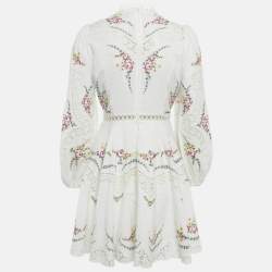 Pre Owned Zimmermann White Embroidered Lace Trim Linen & Cotton Allia Mini Dress M