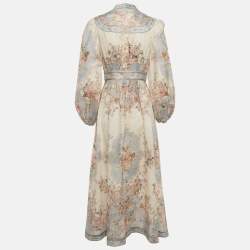 مملوكة مسبقًا فسـتان زيمـرمان بيج/أزرق مطبوع من الكتان بقصة غمازة بطول ميدي مقاس متوسط (ميديوم)