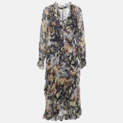 Pre Owned Zimmermann Blue Floral Print Silk High-Low Midi Dress M