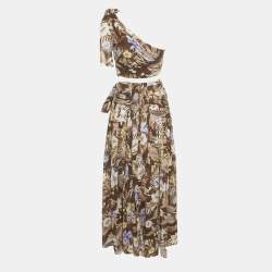 Pre Owned Zimmermann Brown Floral Print Cotton Coco Bow Crop Top &Skirt Set S
