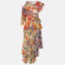 Pre Owned Zimmermann Multicolor Floral Print Chiffon Wonderland Flounce Midi Dress XS
