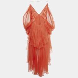 Pre Owned Zimmermann Red Silk Organza Natura High-Low Tiered Dress M