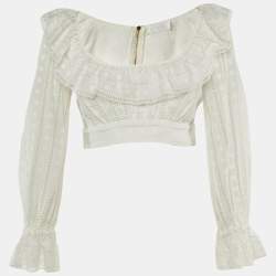 Pre Owned Zimmermann Ivory Broderie Anglaise Cotton Melody Ladder Crop Top M