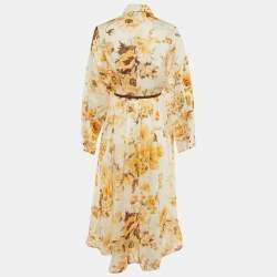 Pre Owned Zimmermann Beige Floral Print Ramie Ottie Tuck Midi Shirt Dress L