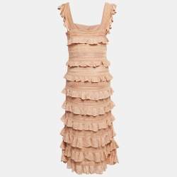 Pre Owned Zimmermann Beige Stretch Knit Illustration Frilled Dress L