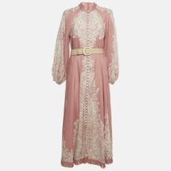 Pre Owned Zimmermann Pink Floral Print Linen Belted Maxi Dress L