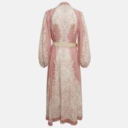Pre Owned Zimmermann Pink Floral Print Linen Belted Maxi Dress L