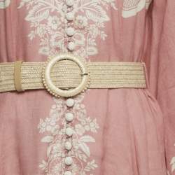 Pre Owned Zimmermann Pink Floral Print Linen Belted Maxi Dress L