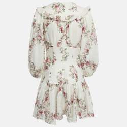 Pre Owned Zimmermann White Rose Print Linen Lace-Up Mini Dress M