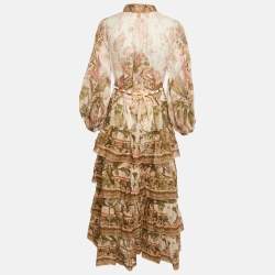 Pre Owned Zimmermann Beige Floral Print Ramie Tiered Billow Lyre Midi Dress M