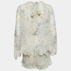 Pre Owned Zimmermann Cream Floral Print Silk Ruffled Playsuit S
