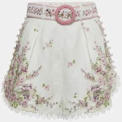 Pre Owned Zimmermann Pink/White Floral Print Linen Scallop Shorts M