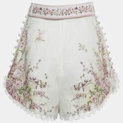 Pre Owned Zimmermann Pink/White Floral Print Linen Scallop Shorts M